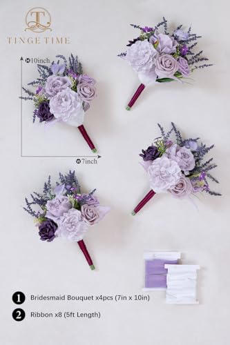 TINGE TIME 7 Inch Artificial Flowers Wedding Bouquets for Bridesmaid, Set of 4, Lavender Bride Tossing Bouquet for Rustic Wedding Ceremony Bridal Shower Rehearsal Dinner Vintage Party - color: Lavender
