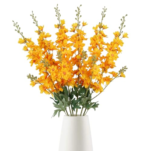 6PCS Golden Yellow Delphinium Artificial Flowers, 34.25" Long Stems Larkspur Silk Flowers for Tall Vase Faux Delphinium for Wedding Centerpieces Home Decor Indoors (Golden Yellow) - color: Golden Yellow