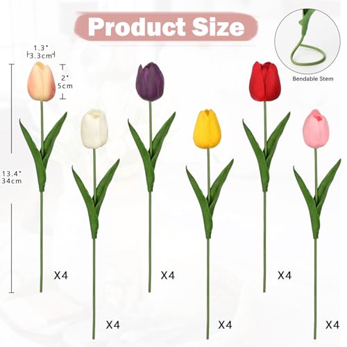 24 Pcs Artificial Tulips Flowers Mixcolor Real Touch Fake Tulips Fake Flowers for Mother's Day 13.5" Faux Tulips Faux Flowers Bulk Artificial Tulips Flowers for Vase Centerpieces Home Wedding Bouquet - color: Mixcolor Style6 #24