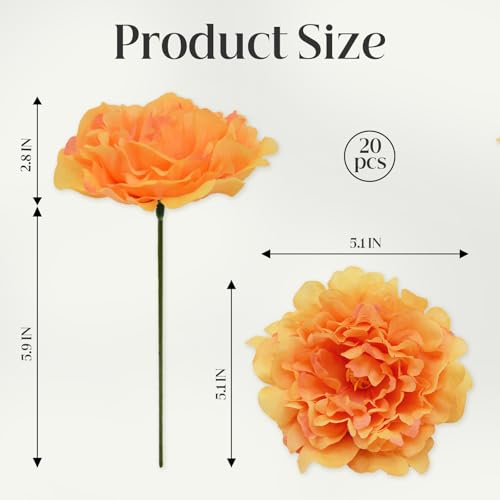20 Pcs Artificial Flower Peonies, 5" Silk Fake Peonies with 6" Stems No Leaf, Faux Peonies Flowers for Decoration Wedding Home Party Centerpiece Decor Floral Art (Orange) - color: Orange