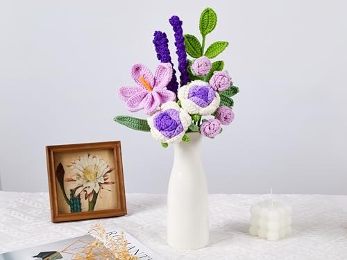 Crochet Flower Bouquet Handmade Crochet Flowers Knitted Tulips Rose Bouquet for Valentines Birthday Party Home Decor Wedding for Women Lover Friends Daughter(Purple) - color: Z-purple