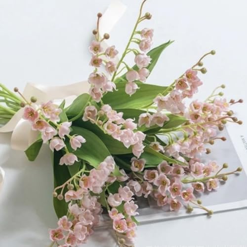 6 Branch Lily of The Valley Artificial Flowers, Lily of The Valley Plastic Flower ，Wind Chime Orchid Outdoor Bridal Wedding Bouquet for Home Garden Party Wedding Decoration (Pink) - color: Pink