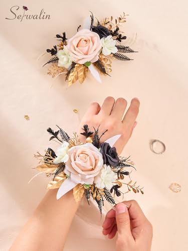 Serwalin 2Pcs Corsage and Boutonniere Set,Black Gold and Champagne Rose Corsage Wristlet and Pocket Boutonniere for Prom Wedding Homecoming Anniversary Graduation - color: Black and Champagne