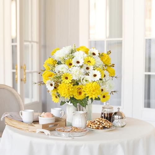Dremisland Fake Flower Bouquets,2 Packs Silk Rose Daisy Bouquet Artificial Flower Arrangement Realistic Rose Bouquets for Centerpiece Table Wedding Party Bride Home Decor (White Yellow, 2 PCS) - color: White Yellow, size: 2PCS