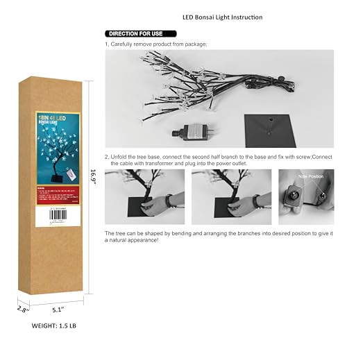 LIGHTSHARE 18 Inch Cherry Blossom Bonsai Tree, 48 LED Lights, RGB with Remote Control, 16 Color-Changing Modes, 24V UL Listed Adapter Included, Metal Base Ideal As Night Lights - color: RGB (Red, Green, Blue)