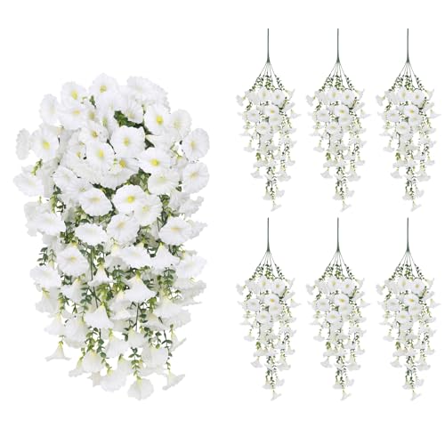 6PCS Morning Glory Artificial Flowers for Outdoor, UV Resistant Fake Plastic Plants Artificial Greenery for Indoor Outdoor Garden Basket Patio Window Home Decor(White) - color: White