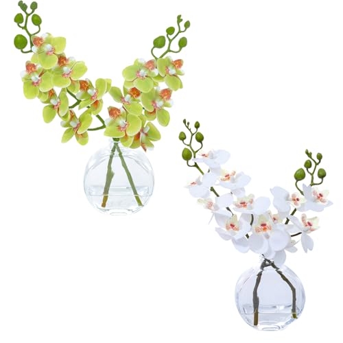 2PCS White and Apple Green Orchid Artificial Flowers Fake Flowers Small Fake Plant Table Shelf Decor Flower with Vase Fake Water - color: Jsorchid-applegreen White