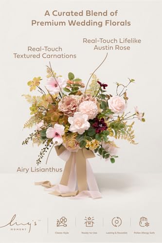 Ling's moment Pink Wedding Bouquets for Bride, Powder Pink & Sand Beige Bridal Bouquets for Bride, 13 Inch Free Form Artificial Wedding Flower Bouquet for Rustic Wedding Ceremony Anniversary - color: Pk- Powder Pink & Sand Beige, size: Small 13 Inch