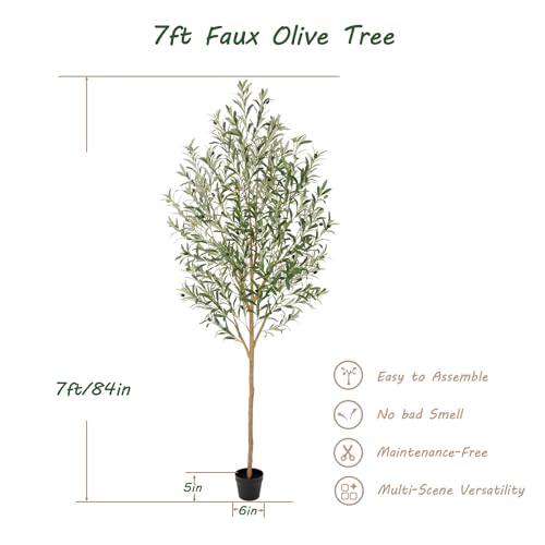 Bellacat 7ft Faux Olive Tree with Real Wood Trunk, 84in Artificial Olive Tree with Lifelike Fruits & Silk Leaves, Fake Olive Tree Indoor for Living Room Bedroom Office Decor - color: Green Olive Tree, size: 7ft