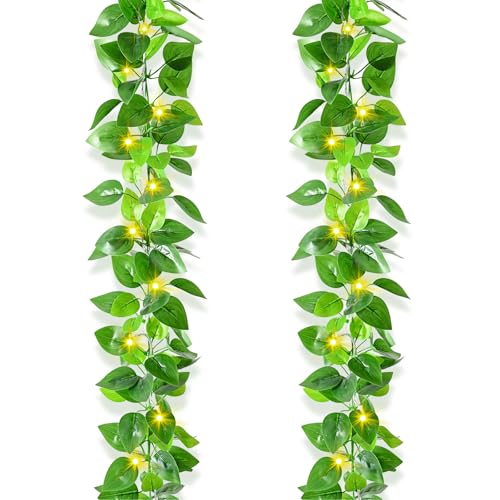 BLEUM CADE 2Pcs Fake Vines with 50 LED String Lights | Faux Pothos Leaves Artificial Ivy Garland Fake Plants for Indoor & Outdoor Home Wall Garden Wedding Party Decor - color: Pothos Vines With Lights - 2pcs