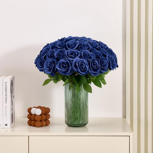 60 PCS Fake Navy Blue Roses Artificial Flowers Bulk Realistic Silk Faux Rose with Stems for Wedding Decoration Anniversary Bridal Bouquet DIY Floral Arrangement Romantic Home Decor Gifts - color: Navy Blue