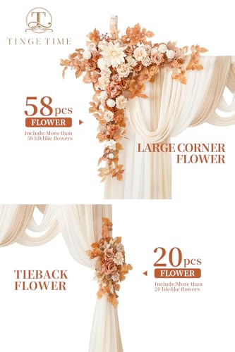 TINGE TIME Wedding Arch Flowers Kit - Deluxe 5pcs Artificial Floral Swag with 3 Sheer Drapes, Realistic Silk Flower Arrangements for Wedding Ceremony Arbor Backdrop Reception Party Home Decor - color: Burnt Orange & Champagne