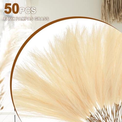 uxcell 50 Pcs Faux Pampas Grass 52cm/20.5" Artificial Fake Dried Pampas Grass Decor with Stem for Floor Vase Filler, Wedding Decoration, Home Decoration, Beige - color: Beige