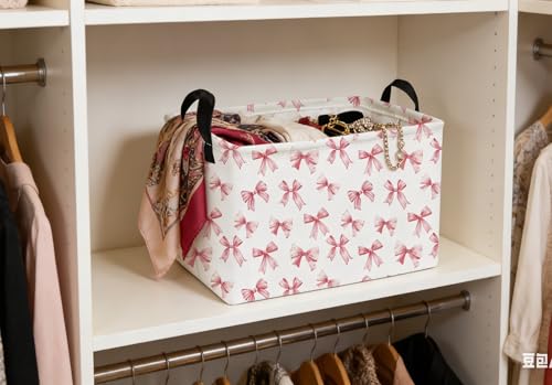 Essme Rectangular Pink Baskets,Girls Storage Box,Cute Basket for Kids with Handles for Room Decor, Book Bins,Shelf Basket.(Pink Bowknot) - color: Pink Bowknot
