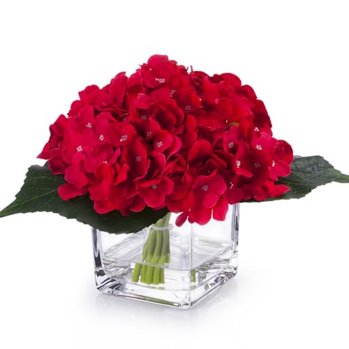 ENOVA FLORAL Silk Hydrangea Artificial Flowers in Vase with Faux Water, Silk Flower Arrangements in Vase for Home Decor, Wedding Table (Red) - color: Red