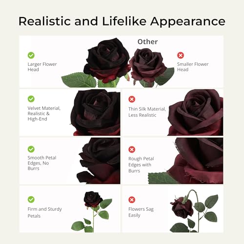 Auihiay 14PCS Black Magic Artificial Roses, Realistic Silk Fake Roses Flowers with Long Stem for Gothic Wedding Decor, Party Garden Decoration & Home Table Decorations - color: Burgundy-black Tinted