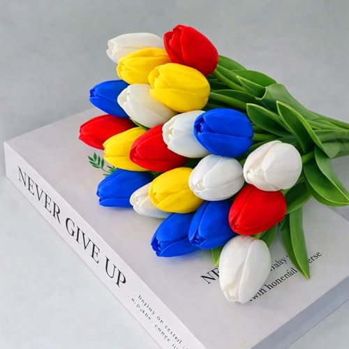 20 Pcs Tulips Artificial Flowers, 13.5'' Real Touch PU Fake Flowers Bouquet for Home Party, Spring Wedding Floral Arrangement, Valentine's, Easter and Mother's Day Decor (Yellow,Red,Blue) - color: Yellow,red,blue