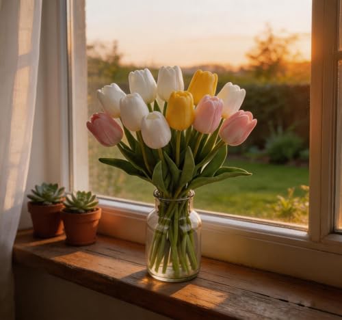 9pcs Multicolor Artificial Tulips Flowers Faux Tulip Bouquet Real Touch Flower Arrangement for Spring Easter Home Kitchen Wedding Bouquet Bulk Mother's Gift Day Decorations