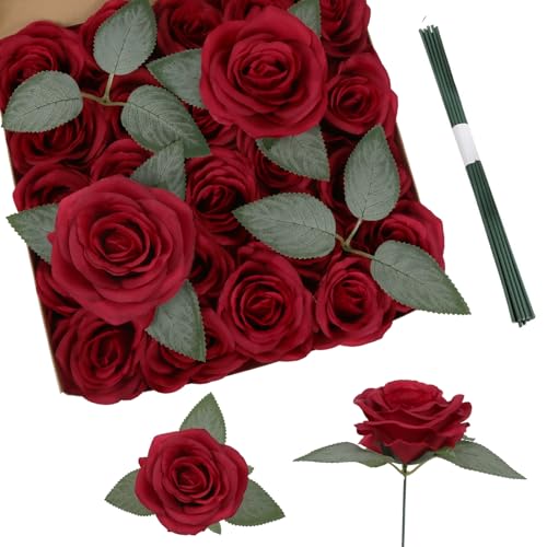 25PCS Burgundy Roses Artificial Flowers 3.94" Large Silk Roses with Stems Real Look Artificial Roses for Wedding Table Centerpieces Arrangement Home Decor(Burgundy) - color: Burgundy