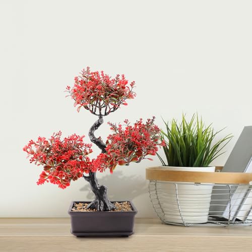 Artificial Bonsai Tree，Fake Plants Lifelike Plastic Bonsai Plant Simulation Green Plants for Home and Office Decor（Red） - color: Color 3
