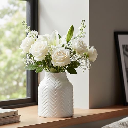 hjn White Vase for Flowers Ceramic Vase for Decor, Modern Decorative Vase, Vases for Your Kitchen/Office/Living Room/Bookshelf/Mantel - White Texture(Small) - size: 5D'' x 6H''