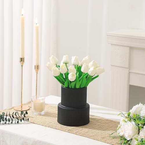 Black Ceramic Flower Vase, Large Ceramic Vase, Boho Decorative Vases for Modern Decor, Ribbed Vase, Pampas Grass Vases for Living Room, Office, Mantel, Shelf, Dining Table, 7.5 Inches - color: Black, size: Large Ribbed