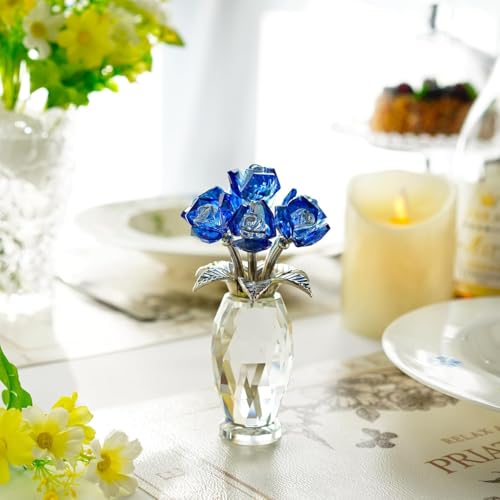 H&D HYALINE & DORA Blue Crystal Rose Flower Paperweight,Glass Flower Gifts for Women Girl Wife,Crystal Flowers Bouquet Collectible for Christmas Day Wedding Anniversary - color: Blue 2