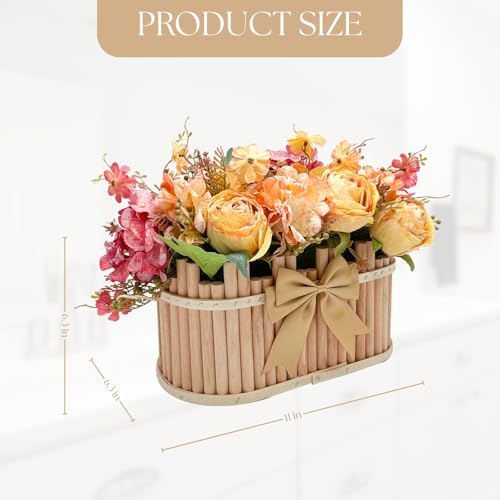Dining Table Centerpiece Decor - Pre-Made Artificial Flower Arrangement Fake Floral with Wooden Vase for Farmhouse Kitchen Bathroom Living Room Decorations (Orange-Red) - color: Orange-red