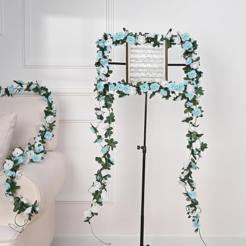 MARTINE MALL Flower Garland Rose Vines, 2 Strands 16.5Ft Flowers Vines for Bedroom, Rose Flower Garland Decoration, Blue and White Rose Floral Garland for Room Birthday Wedding Party Garden Wall Decor - color: Blue and White, size: 2 Packs
