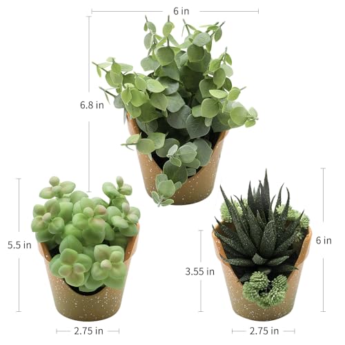 3 Pack Artificial Succulent Plants, Small Potted Fake Plants, Artificial Eucalyptus Leaf Aloe Vera Plants, for Home Decor, Farmhouse Bathroom Office Decor