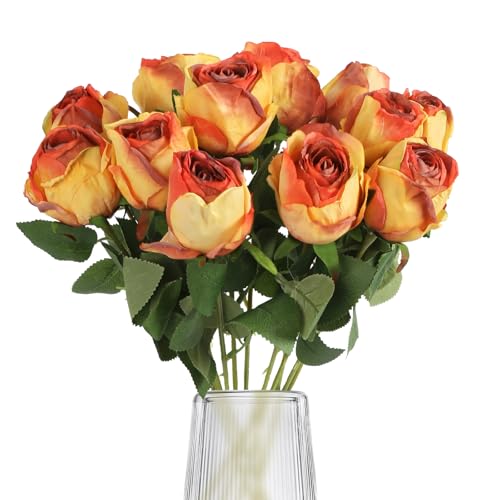12Pcs Orange Roses Artificial Flowers 20" Vintage Silk Fake Roses with Stem for Vase Realistic Faux Roses Bouquet for Wedding Table Centerpieces Home Decorations DIY Party Arrangement (Tangerine) - color: Tangerine