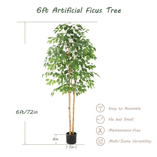 Bellacat 6ft Ficus Tree Artificial with Double Real Wood Trunks, 72in Faux Ficus Tree with Lifelike Leaves, Fake Ficus Tree for Living Room Bedroom Office Decor - color: Green With Double Trunks, size: 6ft