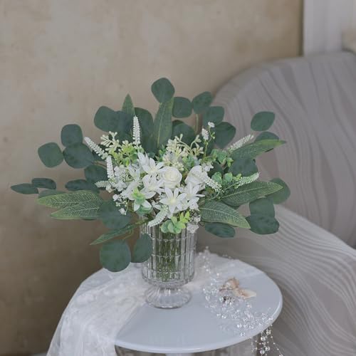 VIERENA Artificial Greenery Stems Box Set(Pack of 75pcs) with 8 Kinds of Faux Plants and Fake Flowers for DIY Wedding Bouquet Table Centerpieces and Floral Arrangement (White&Green) - color: White&green