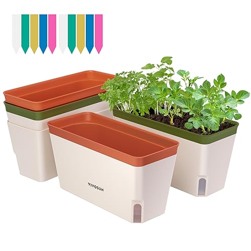 VIVOSUN Self-Watering Planters, 4-Pack 10.5 Inch Compact Rectangular Window Herb Planter Box with 10 PCS Plant Labels, Plant Container for Basil, Flowers, Succulents, Indoor & Outdoor - size: 4