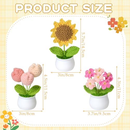 Weldomcor Crochet Flower Cute Potted Plants Fake Knitted Sunflower Tulips Mini Flowers Pot for Desk Office Car Dashboard Window Home Decor, Gift for Teachers Mother Day Valentines Anniversary Birthday - color: Sunflower+tulip+myosotis