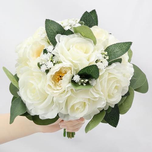 Set of 4 Bridesmaid Bouquets, 11 Inch Wedding Artificial Flower Bouquets for Wedding Ceremony Bridal Shower Decorations - White - color: Ivory White, size: Set of 4 Bouquets