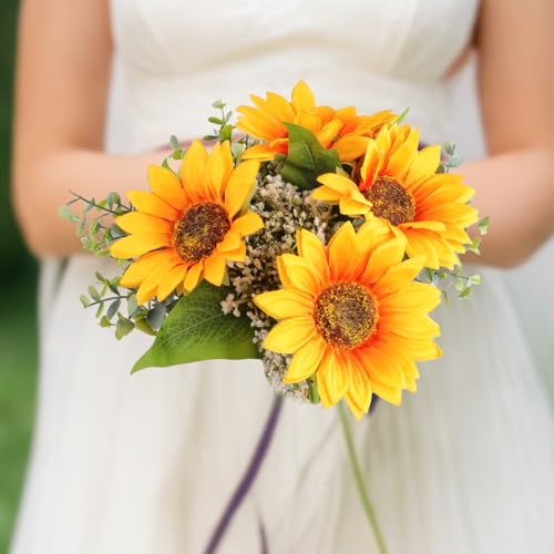 2Pcs Artificial Sunflower Bouquet, Silk Sunflower Baby Breath Flower Arrangement Fall Wedding Bouquet for Weeding Party Home Kitchen Decor Table Centerpiece