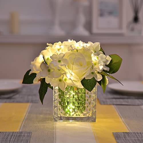 Fule Artificial Silk Rose Flower Centerpiece Arrangement in Glass Vase with LED Light for Home Wedding Decoration (White) - color: White