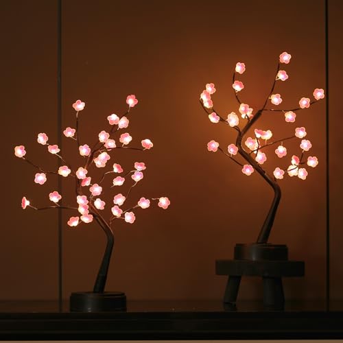 2 Pack Cherry Blossom Tree Lamp, 18inch 36 Led Bonsai Tree Lights, Battery/USB Operated Japanese Decor Night Lights for Teacher Appreciation Graduation Back to School Bedroom Home Gift, Warm White - size: 2 Pack - 18inch