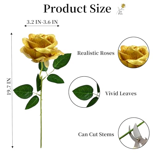 10 Pcs Gold Rose Artificial Flower, Faux Silk Flowers With Long Stems, Fake Roses Bulk Bouquet for Decoration Valentine's Day Centerpieces Proposal Bridal Bouquets Shower Party Home Floral Decor - color: Gold