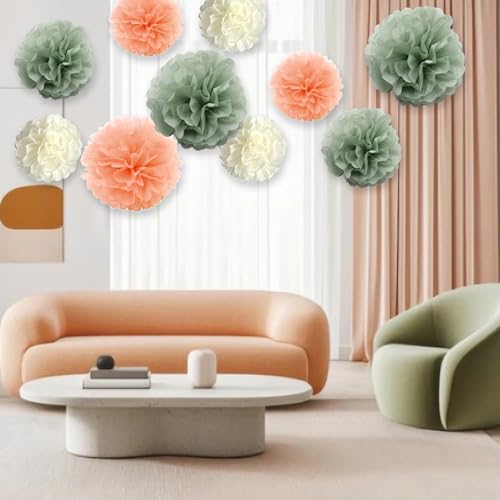 10-Pack Peach Champagne Sage Green Cream Party Decorations Hanging Tissue Paper Flowers Pom Poms Backdrop for Blush Wedding Bridal Shower Birthday