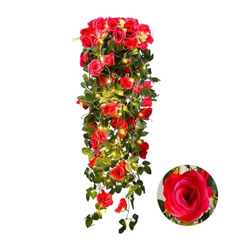 RECUTMS 2pcs Artificial Hanging Plants 32 in Fake Plant Ivy Vine Outdoor UV Resistant Plastic (Rose red) - color: Rose Red, size: 2 pcs light