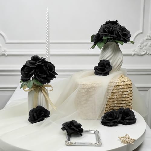 50 Pcs Rose Flower Head, Artificial Flowers Bulk for DIY Crafts, 3in Fake Rose Silk Flower Head wit Stem, Faux Flowers for Decoration, Wedding Home Party Decor Garland Decor (50, Black) - color: Black