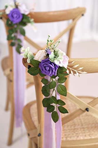Wedding Aisle Decorations for Wedding Ceremony Set of 10 Pew Flowers for Church Chair Decorations Party Decor with Artificial Flowers Eucalyptus and Ribbons Purple - color: Purple
