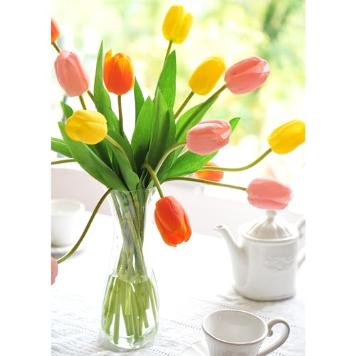 FiveSeasonStuff Real Touch Long Stem Tulips – 15 Artificial Flowers with Foldable Vase (Orange, Yellow, Pink) for Home Décor, Weddings, and Gifts (Festive Blooms) - color: Festive Bloom Long Stems With Vase