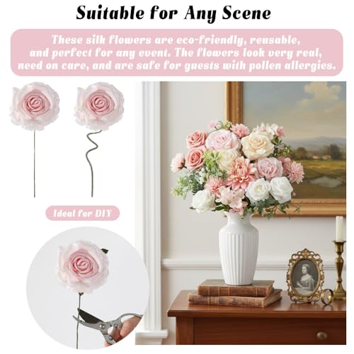 Pink Artificial Flowers Combo, Fake Flowers Mixed Rose Peonie Dahlia, Pink White Silk Flowers with Stems for Wedding Bouquets Centerpieces Floral Arrangements Party Baby Shower Home Decor - color: Pink & White