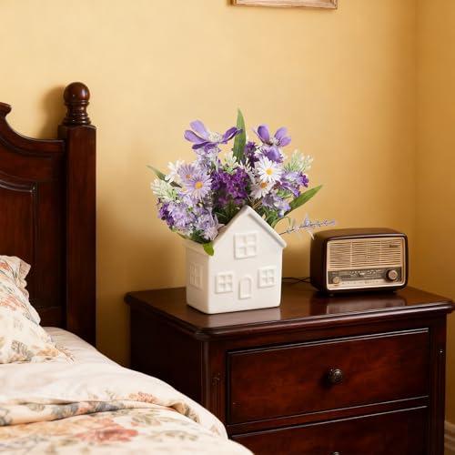 Small Fake Flowers Plants, Mini Artificial Lavender Flowers Purple Daisy in Ceramic Pot, Faux Potted Plants for Centerpiece Table Decorations Home Office Bathroom Tabletop Spring Decor