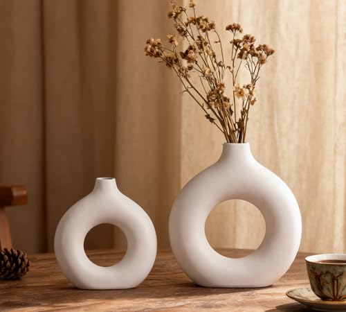 White Ceramic Vase Set of 2 Donut Home Decor Modern Farmhouse Round Matte Boho Style Living Room Table Room Pottery Small Vases for Dried Flowers - color: Vt11 White