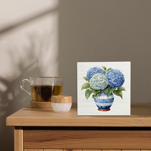 Hydrangea Floral Decor Wooden Signs,Blue And White Porcelain Chinoiserie Wooden Box Sign,Blue Hydrangea Desk Accessories Decor For Home Desk Tabletop Shelf Decoration 5x5 Inches - color: Hydrangea Floral