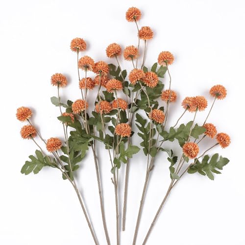 mizii 6Pcs Orange Fake Silk Pompon Mum Artificial Flowers Bulk Small Faux Chrysanthemums with Stems Floral Decorations for Wedding DIY Bouquet Centerpieces Shower Vase Home Decor (Burnt Orange) - color: Burnt Orange